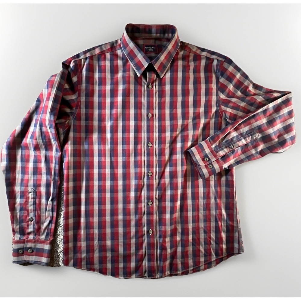 UNTUCKit Men's Large Pomerol WF Plaid Long Sleeve‎ Shirt Red Blue Cotton Casual